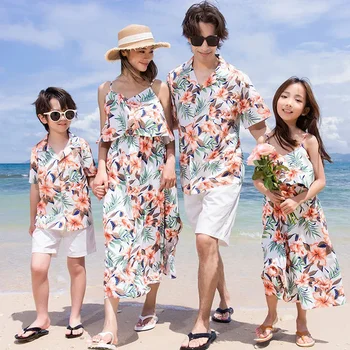 Look per la famiglia Vacanza Abbigliamento da spiaggia Mamma Figlia Abito senza maniche Papà Figlio Camicia floreale abbinata Set Abiti da vacanza genitore-figlio
