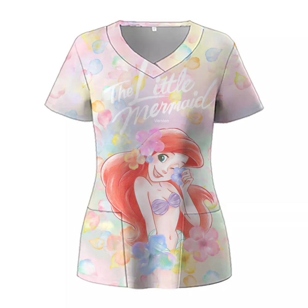 Pocket Disney Princess Women's V Neck Nurse Uniform T-Shirt Youthful Woman Clothes Summer Short Sleeve Y2k New Dress Kawaii 2024