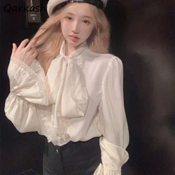 Women Shirt French Bow Lace Spliced Loose Fit Chic Flare Sleeve Literary Vintage Trendy Temperament Female Tops Fairycore Spring