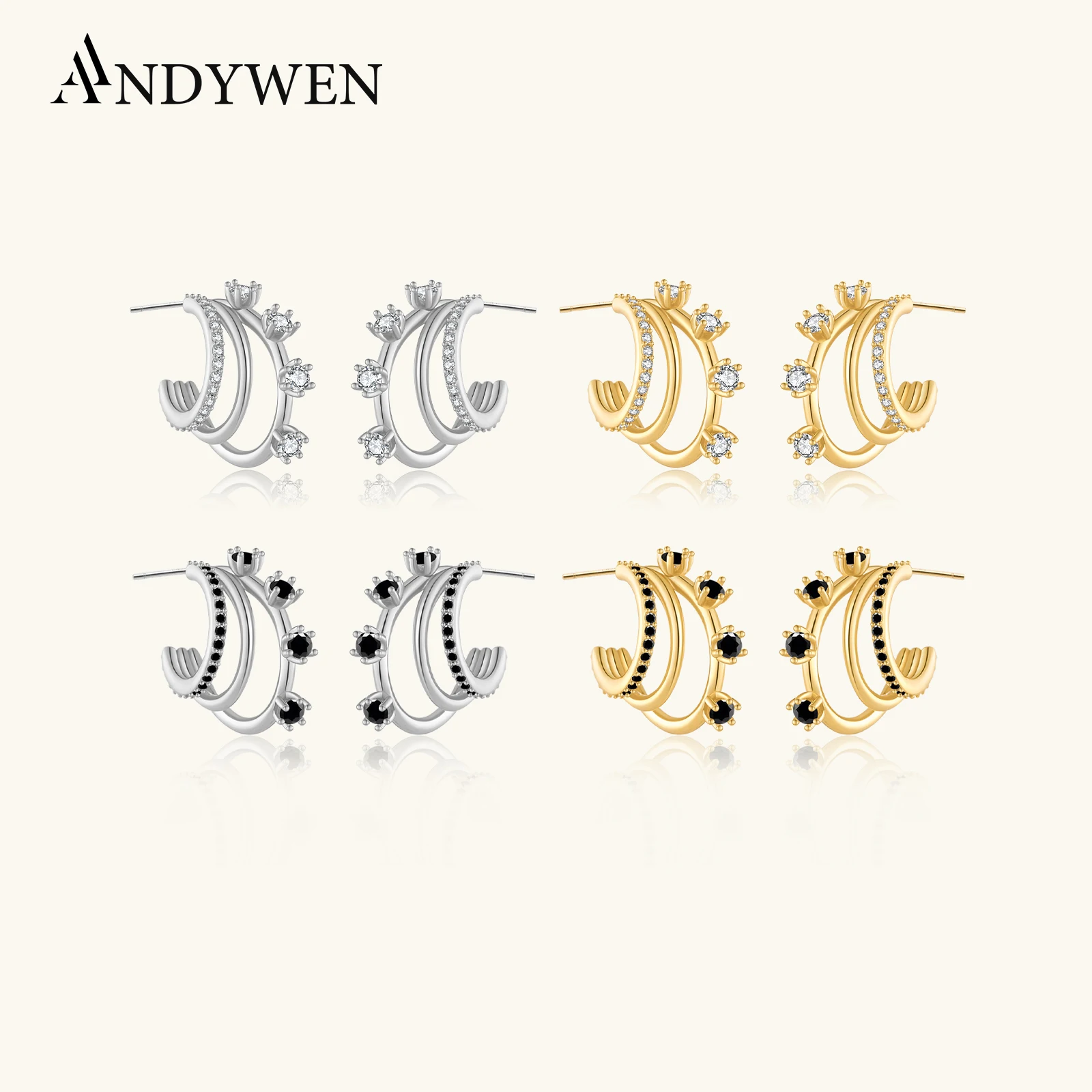 

ANDYWEN 925 Sterling Silver Gold Spinel Three Triple Threat Circle Hoops Round Zircon CZ Black New 2025 Rock Punk Jewelry