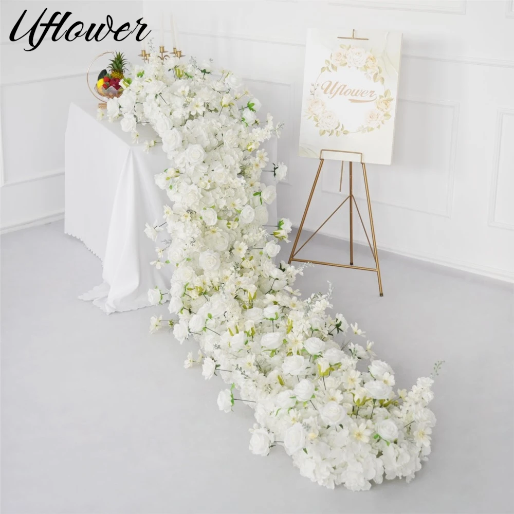 

Uflower 200cm Luxury White Rose Artificial Flower Row Long Runner Wedding Backdrop Flowers Wall Arches Decor Party Stage Floral