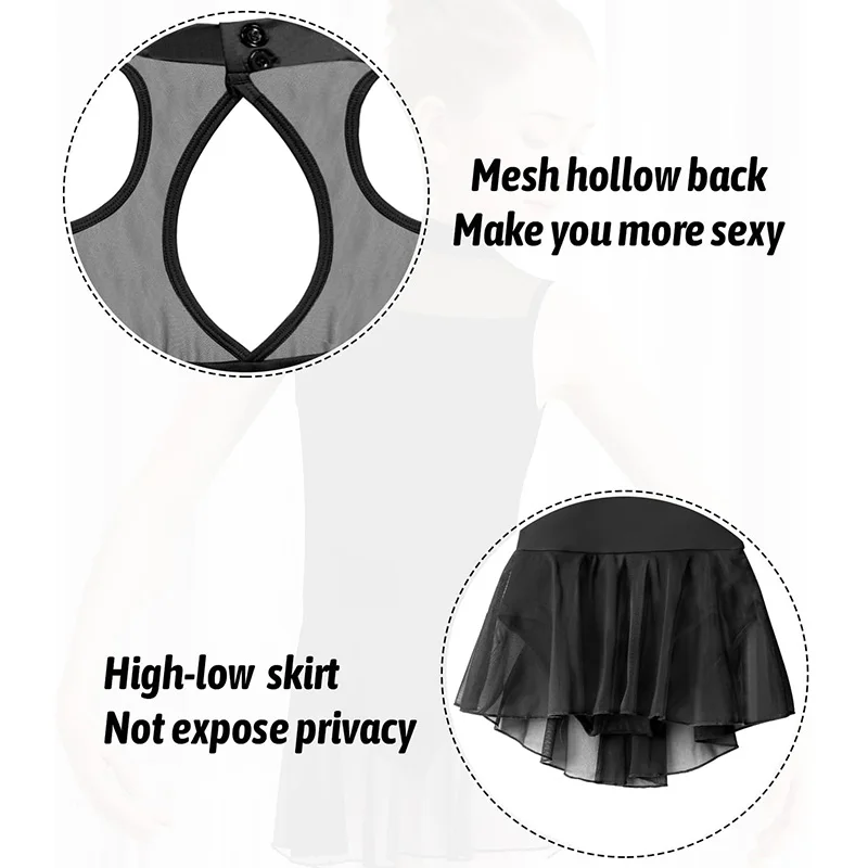 Leotardo de Ballet para niñas, para baile, gimnasia, falda de malla, tanque de leotardo con ojo de cerradura, espalda hueca y vestido de Ballet empalmado de malla en el pecho