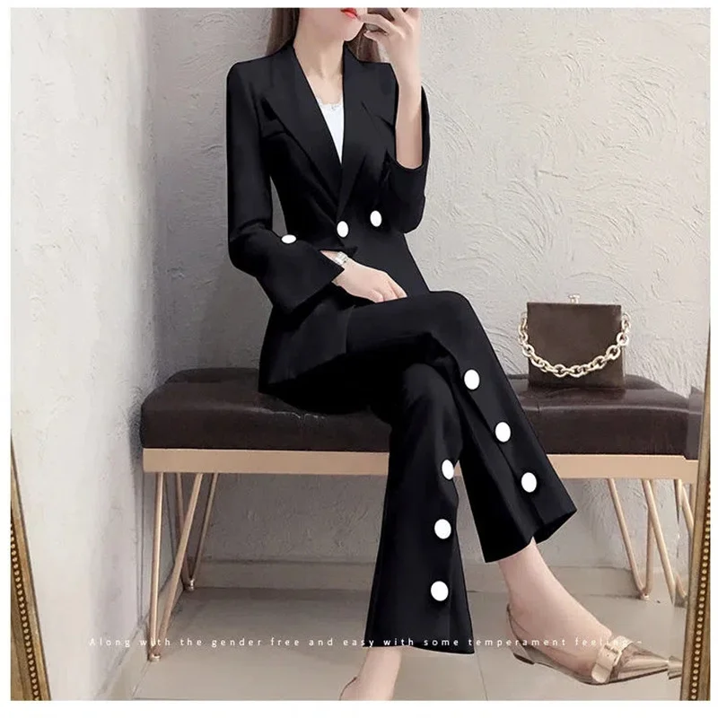 Blazer Women 2 Piece Set 2022 Spring And Autumn New Fashion Temperament Lady Suit Jacket Flared Pants Black Two-Piece Suit L115