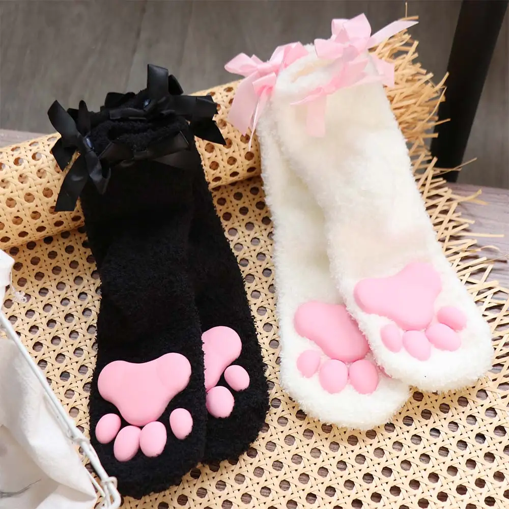 Fashion Coral Velvet Cat Paw Socks Paw Pads Kitten Claw 3D Cat Paw Socks Sleep Sock Lolita Style Bowknot Warm Socks Winter Wear