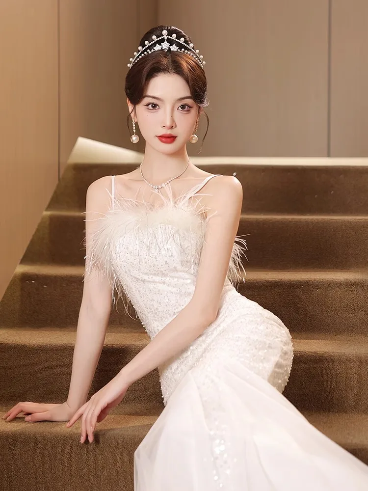 

Ele White Evening Gown Women's Engagement Ceremony Dr Luxury Tailored Fi Tail Skirt Long Svel Floor Length