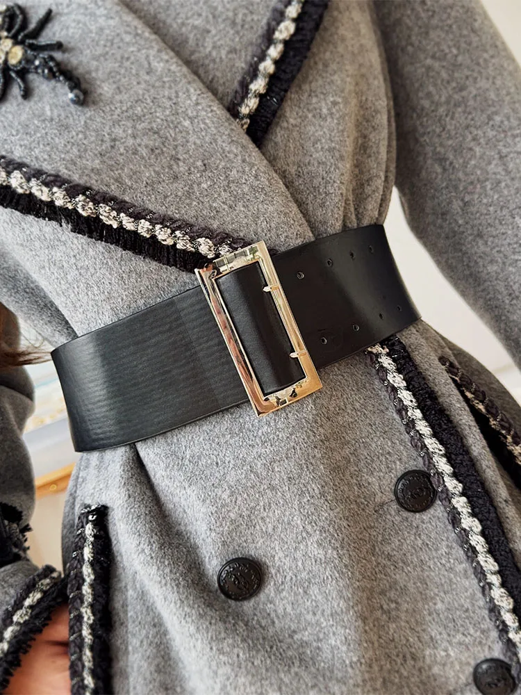 Dabuwawa Notched Double Sided Woolen Long Coat Women New Arrival Epaulet Double Breasted Jacket Elegant Outwear Y2K DA1DCO002