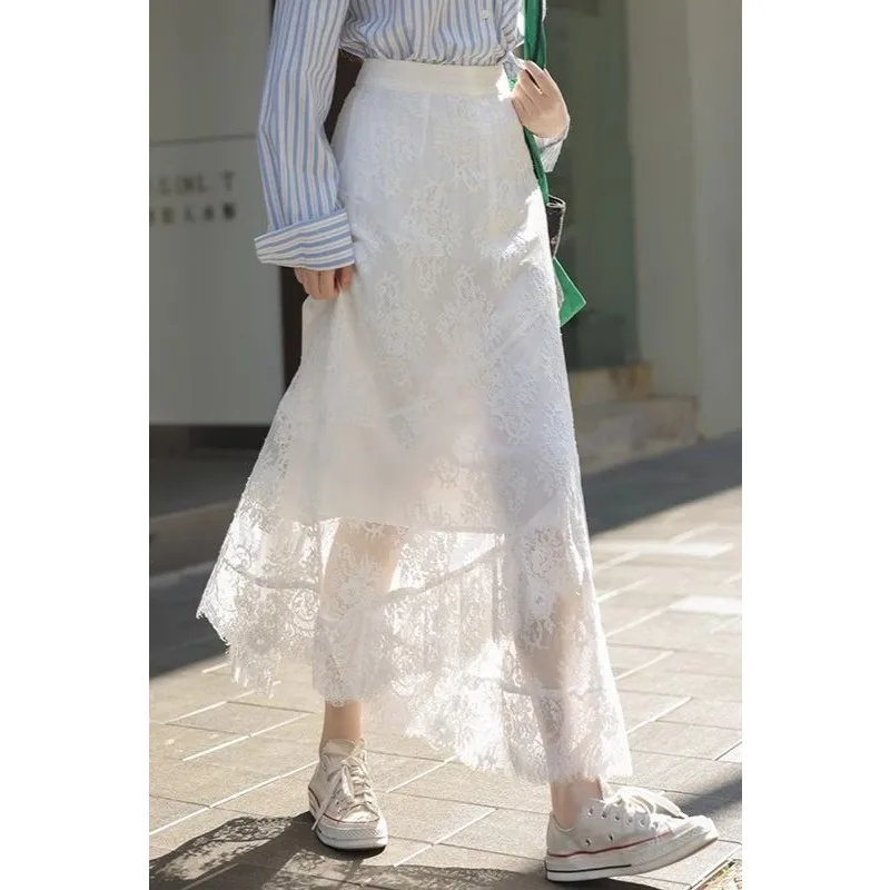 Długa spódnica damska plus size z białej koronki, elegancka, z wysokim stanem, wyszczuplająca, w kształcie litery A, drapowana, nowość 2025.