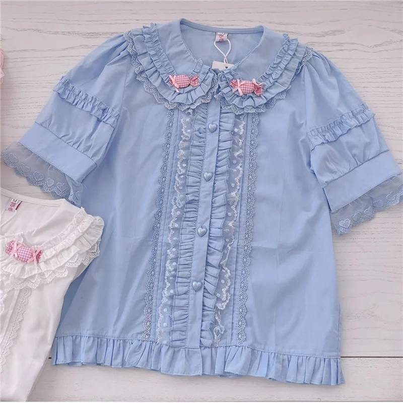 Sweet Lace Lolita Blouse Girly Cute Blue Peter Pan Collar Candy Shirt Women Kawaii Clothing Puff Sleeve Ruffles Bow Blusas Mujer