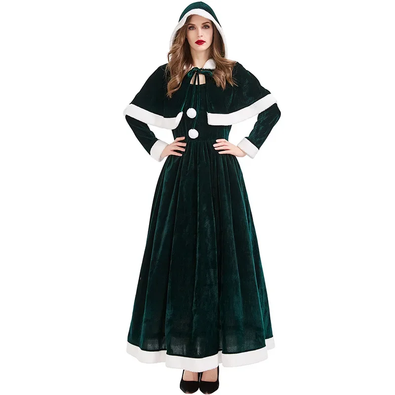 Novo natal deluxe festa vestido vermelho noel palco mostrar desempenho traje natal sra capa + vestido longo tempo de natal cosplay vestido