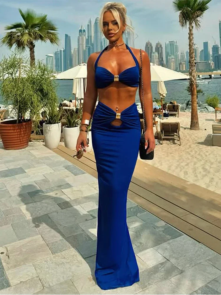 

Sequined Sexy Hot Women 2 Piece Set Hipster Stunning Halter Cleavage Mini Tanks+Shirring Maxi Skirts Female Festival Suits