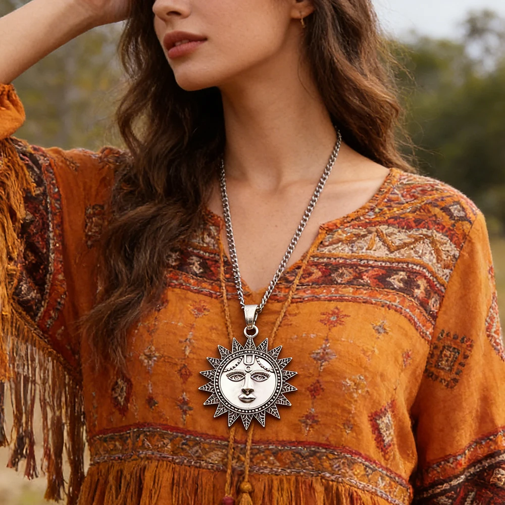 Abstract Sun Face/Sunflower Pendant On Adjustable Chain Jewelry Boho Punk Necklace, Silver Color For All Seasons Wear, 1 Piece