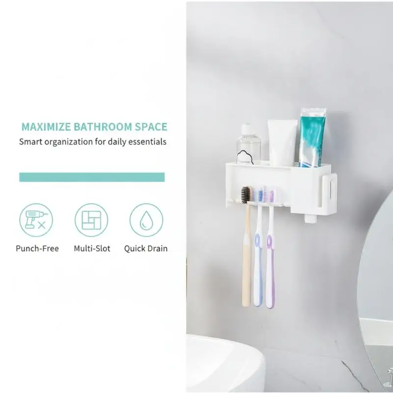Seamless Adhesive Toothbrush Storage Box Hanging Wall Rack Organizer Holds 2 Toothbrushes Toothpaste Cup for Bathroom Use