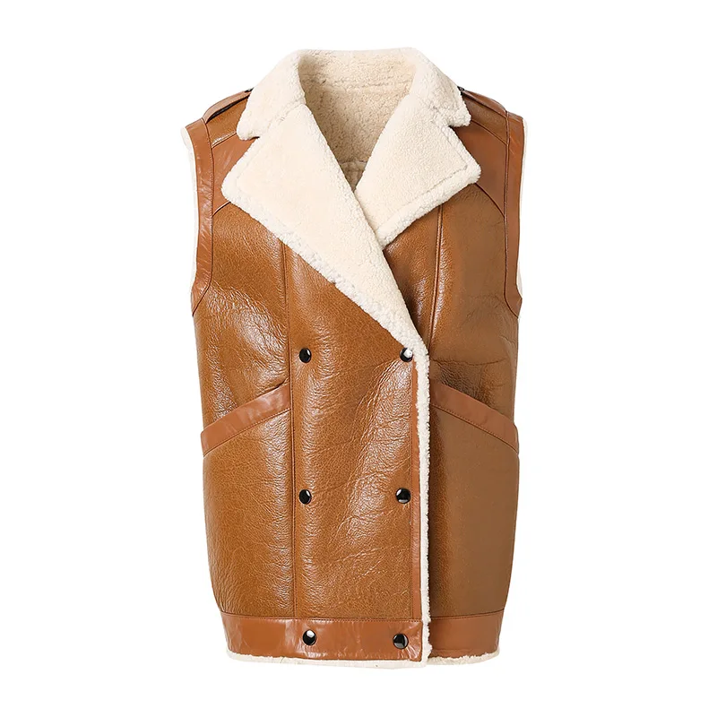 Women Shearing Leather Vest 2022 Genuine Sheepskin Waistcoat Wool Fur Lining Warm Sleeveless Fashion Cardigan Streetwear MH5157L