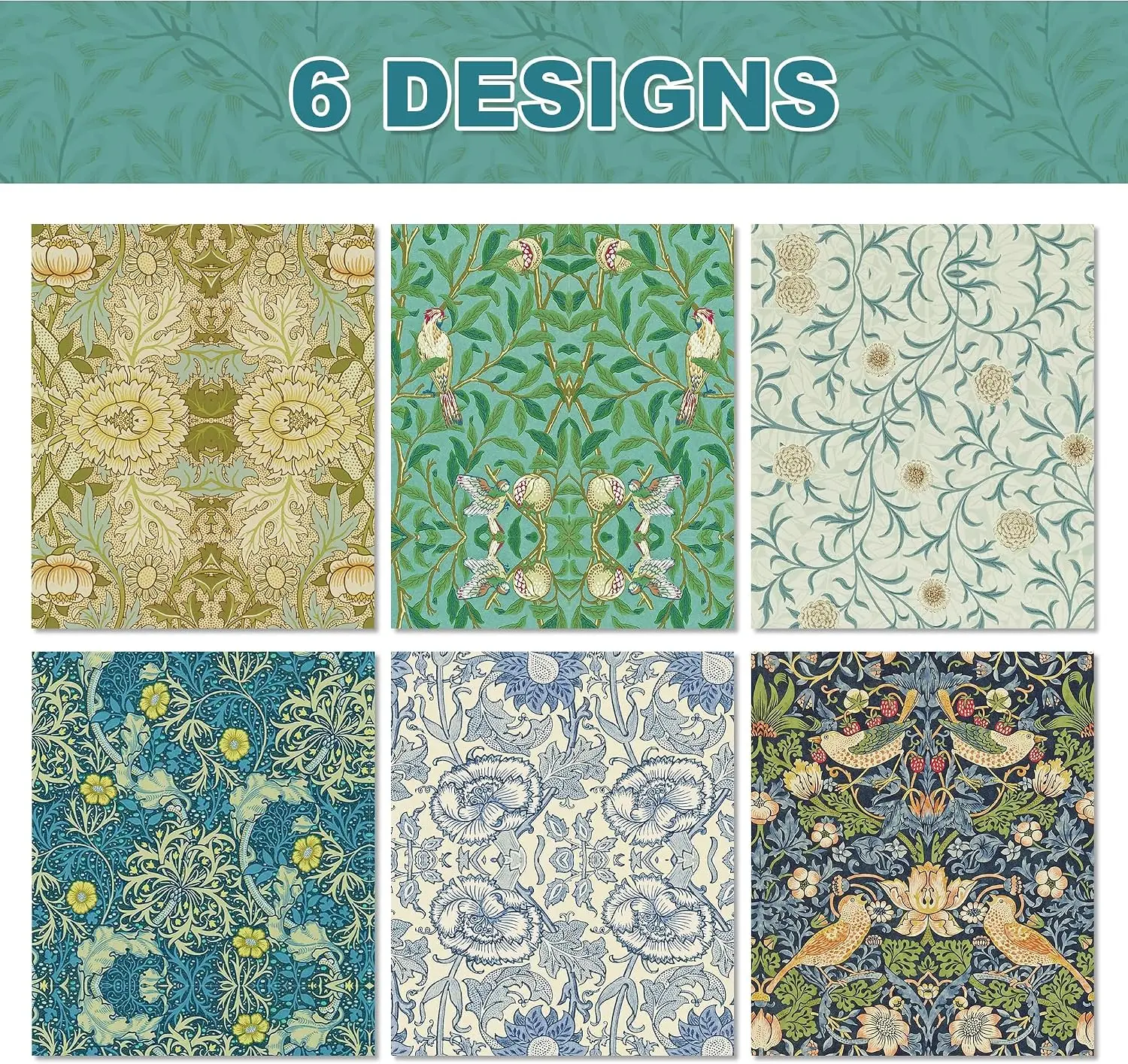 12 Sheets William Morris Wrapping Paper Set Vintage Botanical Floral Bird Pomegranate Pattern Gift Wrap Paper for Birthday, Wedd