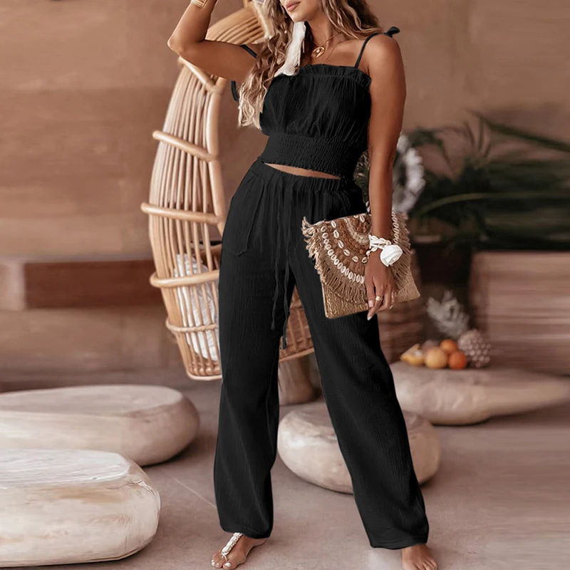 

Women Casaul Sleeveelss Loose Vest Outfits Elegant Off SHoulder Tie-up Sling Tops & Long Pants Set Fashion Draped Solid 2Pc Suit