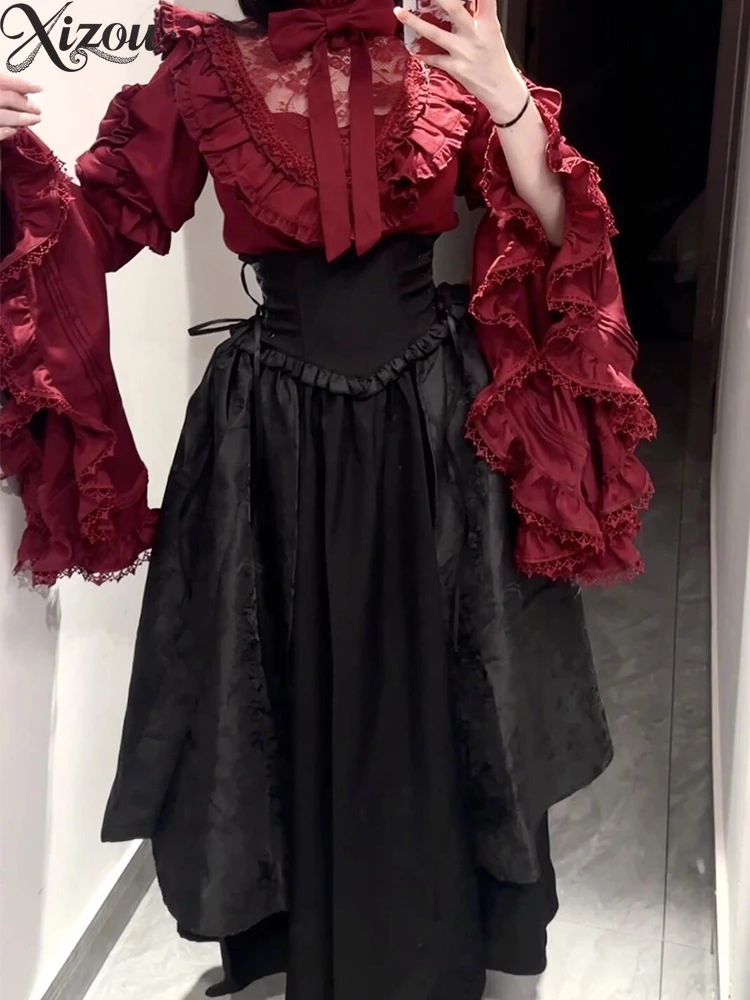 

Women's Clothing Spring and Autumn Gothic Lolita Style Y2k Punk Long Seeve Top and Skirt Set Vintage Lady Two Piece Sets
