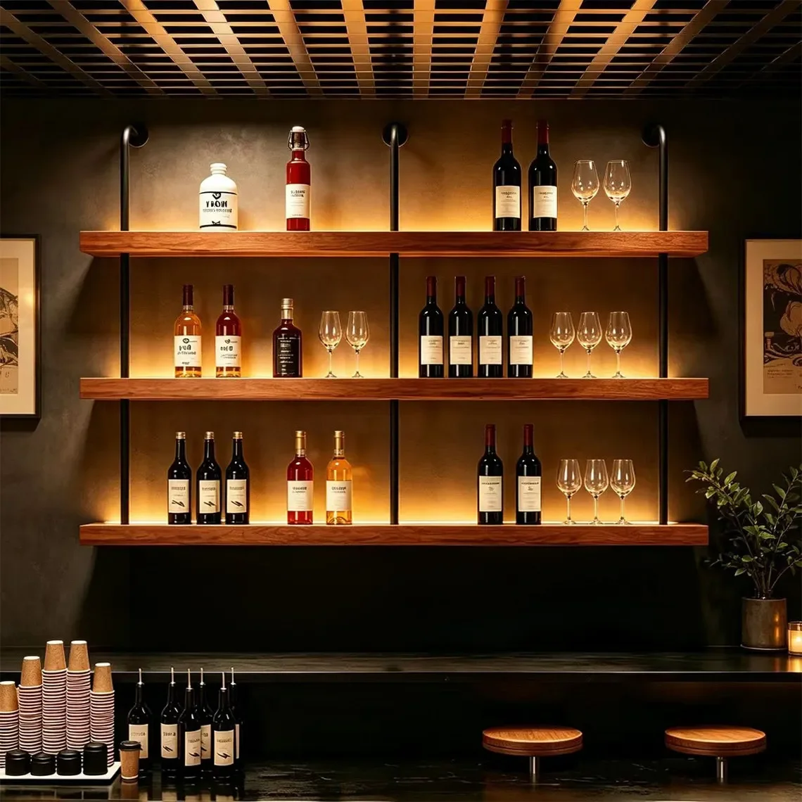 Cafe Bar Industrial Wind Wall Shelf Wall Mounted Wine Rack Multi-layer Storage Rack Wall Display Rack