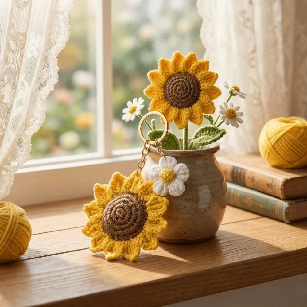 Cute Fabric Crochet Sunflower Pendant With Rope Cotton Knitted Keychain Lobster Clasp Lightweight Bag Lanyard Charm Gift