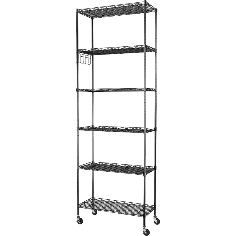 6-Tier Storage Shelf Wire Shelving Unit Free Standing Rack Organization with Caster Wheels, Stainless Side Hooks, Black