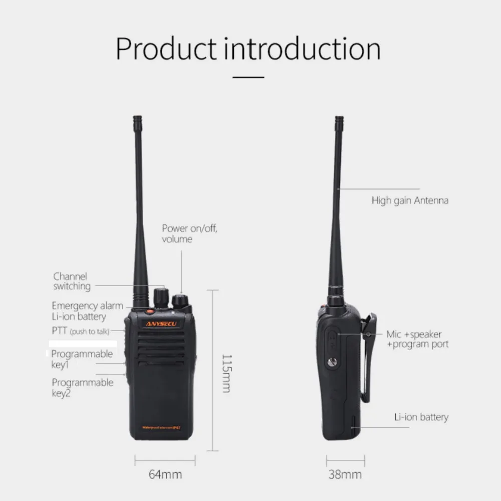 Anysecu WP-67 Walkie Talkie IP67 Waterproof VHF 136-174MHz Or UHF 400-480MHz 16 Channels 50 CTCSS&105 DCS with VOX Function