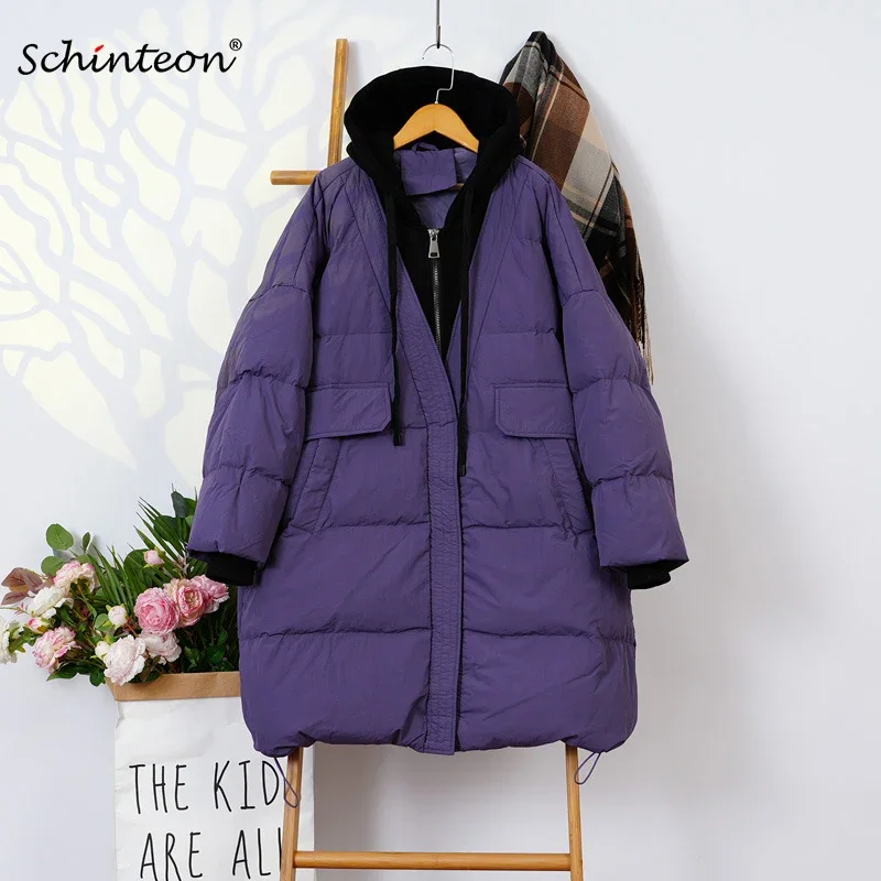 Schinteon Women White Duck Down Patchwork Jacket with Hood Warm Autumn Winter Casual Over Size Outwear Fake Two-piece Coat 2024