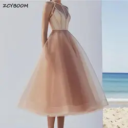 Customized Champagne A-Line Party Prom Gowns 2024 Tea Length Sleeveless Tulle Formal Evening Dresses For Women Robes De Soirée