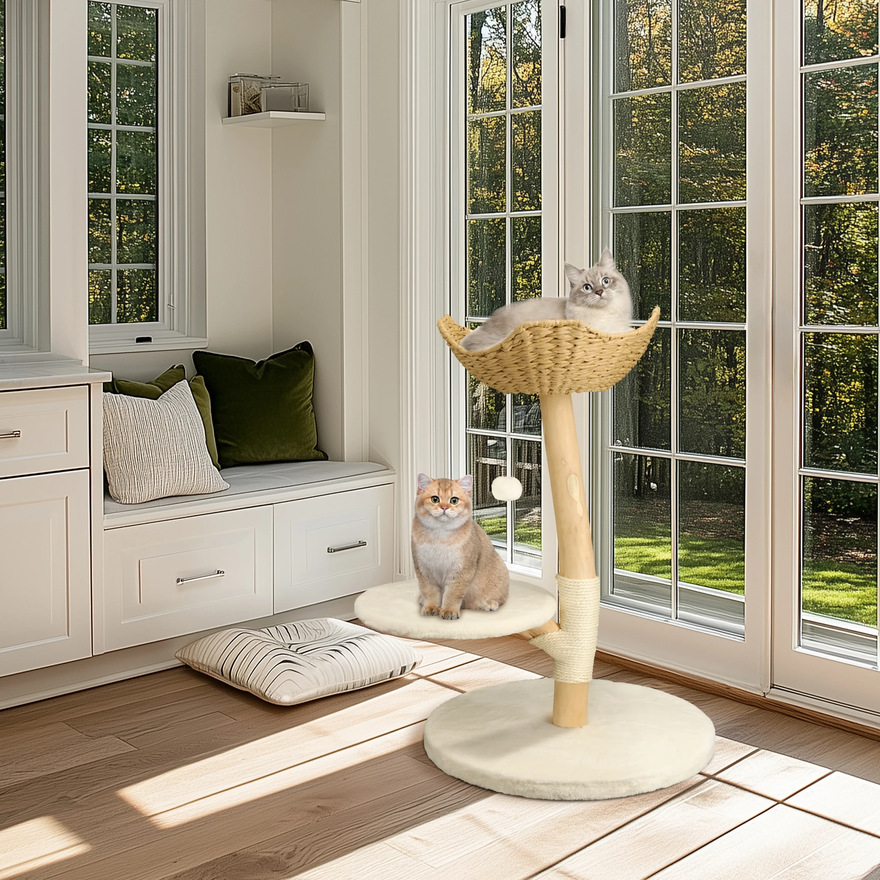 تخصيص Arbre à Chat Moderne en Bois Massif avec Coussin en Peluche et Boule، Center de Tour d'Activité