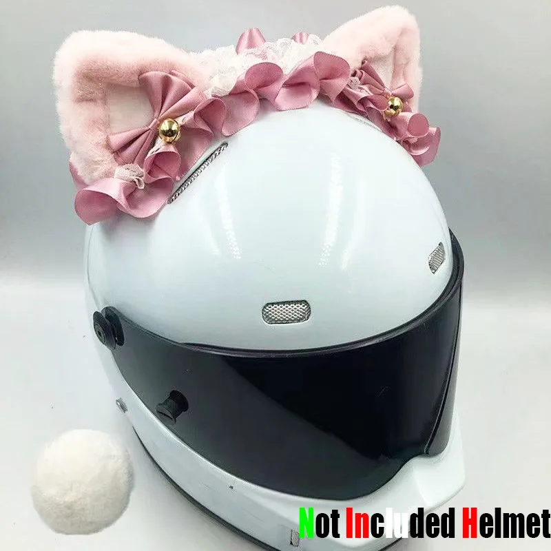 Motorcycle Electric Helmet Decorations Anime Lolita Cute Plush Cat Ears Lace Motorbike Helmet Accessorie Sticker Cosplay Styling