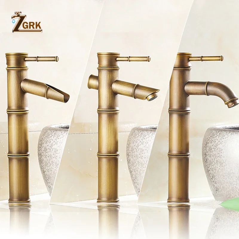

ZGRK Bathroom Faucet Brass Basin Faucets Luxury Tap Tall Bamboo Hot Cold Water with Two Pipes Kitchen Outdoor Garden WC Taps