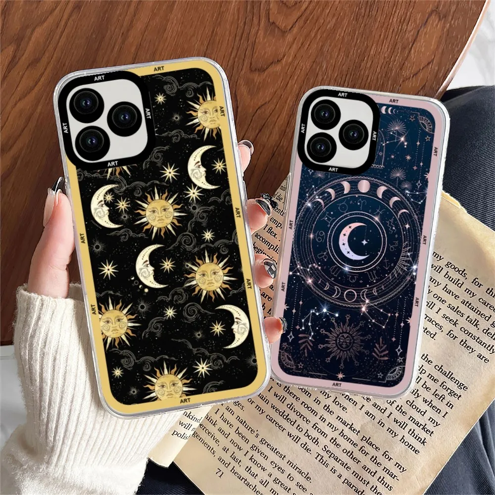 Sun Moon Face Art Phone Case For iPhone 11 12 Mini 13 14 Pro Max Transparent Shell