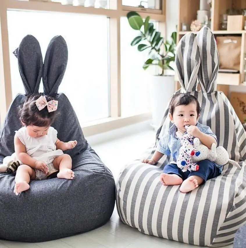 Sofá de dibujos animados para niños, asiento de Taburete extraíble, lavable, suave, con Orejas de conejo, a rayas