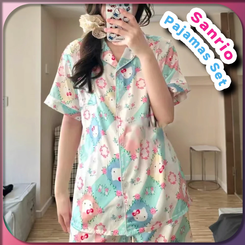 

Kawaii Hello Пижама Kitty Set Sanrio аниме одежда для сна с короткими милыми модными летними ледяными шелковистыми искусственными деталями комплект из двух предметов для девушек