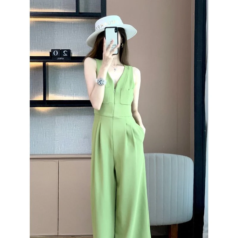 

Women's Summer Casual Wide Leg Jumpsuit Thin V-Ne High Waist Long Pants Korean Sle Commute Faion Trendy Ins One-Piece