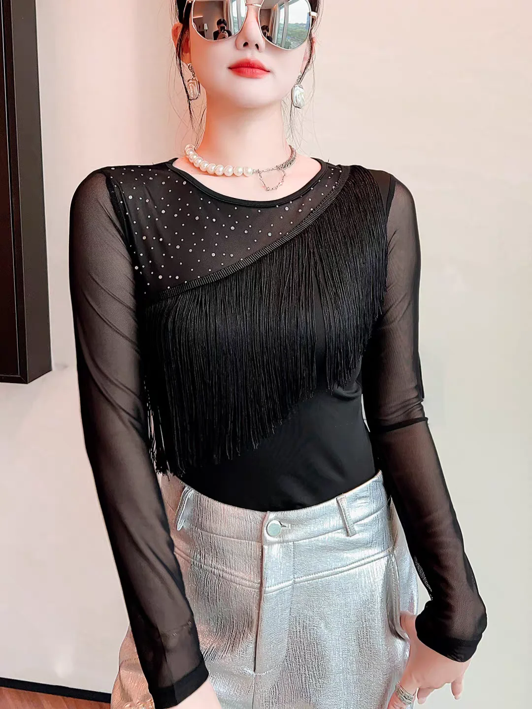 Women's Chic Autumn Fall Mesh Base Layer Top Rhinestone Crew Neck Irregular Fringe Long Sleeve Slim Fit Bodycon Elegant T-shirt