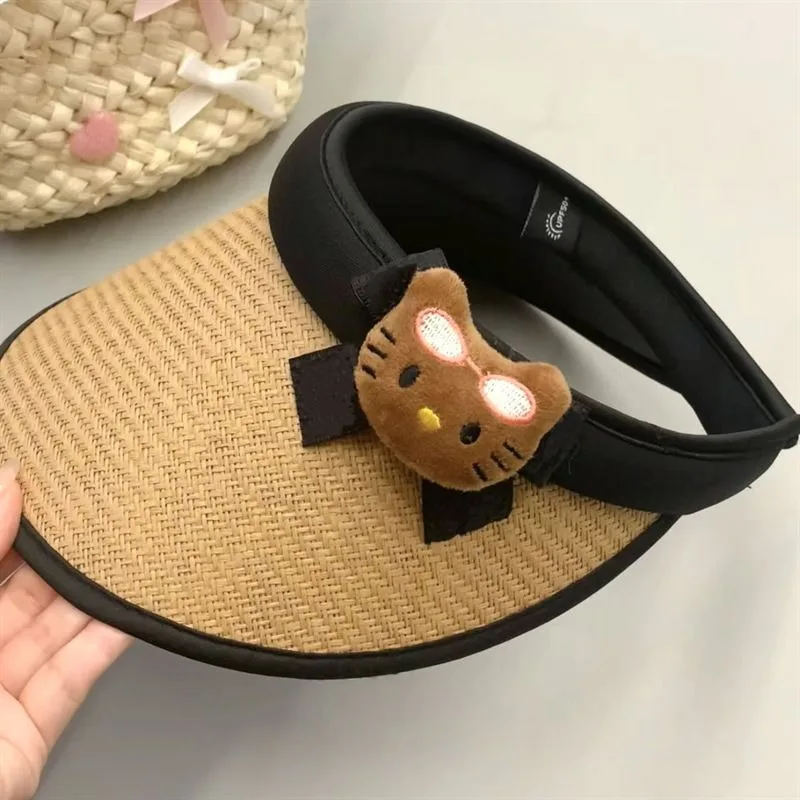 Brown Black Skin Hellokitty Summer Handmade Woven Anti Sun Protection Big Brim Duck Tongue Hat Women Outdoor Sunshade Straw Hat