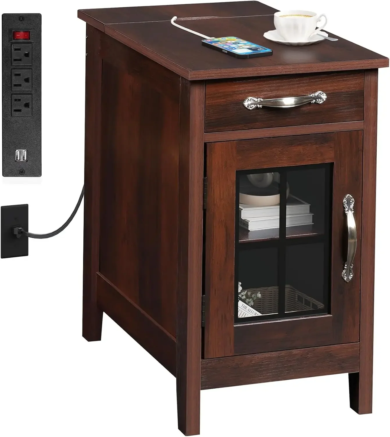 USA Stock End Table with Charging Station, Narrow Nightstand for Living Room, Farmhouse Night Stand with Storage, USB Ports and