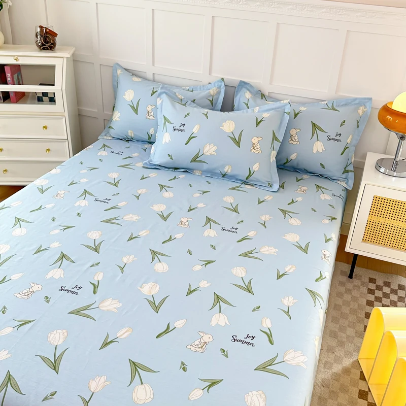 Sábana plana con flor de tulipán blanco, juego de sábanas azules de conejito de dibujos animados de algodón para niños y niñas, funda de cama botánica con conejo Floral encantador