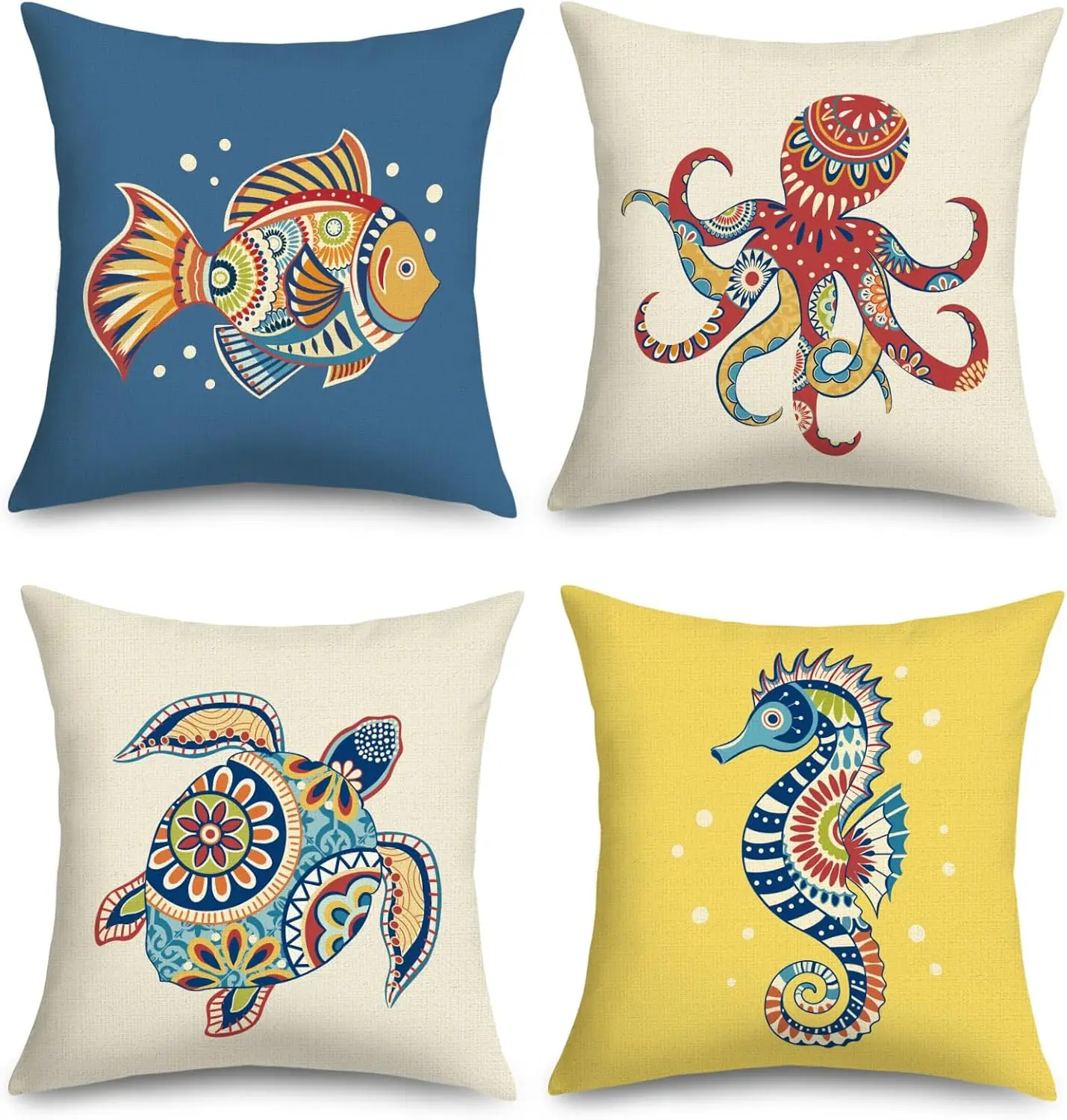 4PCS Ocean Theme Throw Pillow Covers Set Tropical Sea Life Octopus Turtle Fish Seahorse Nautical Coastal Polyester Cushion Decor