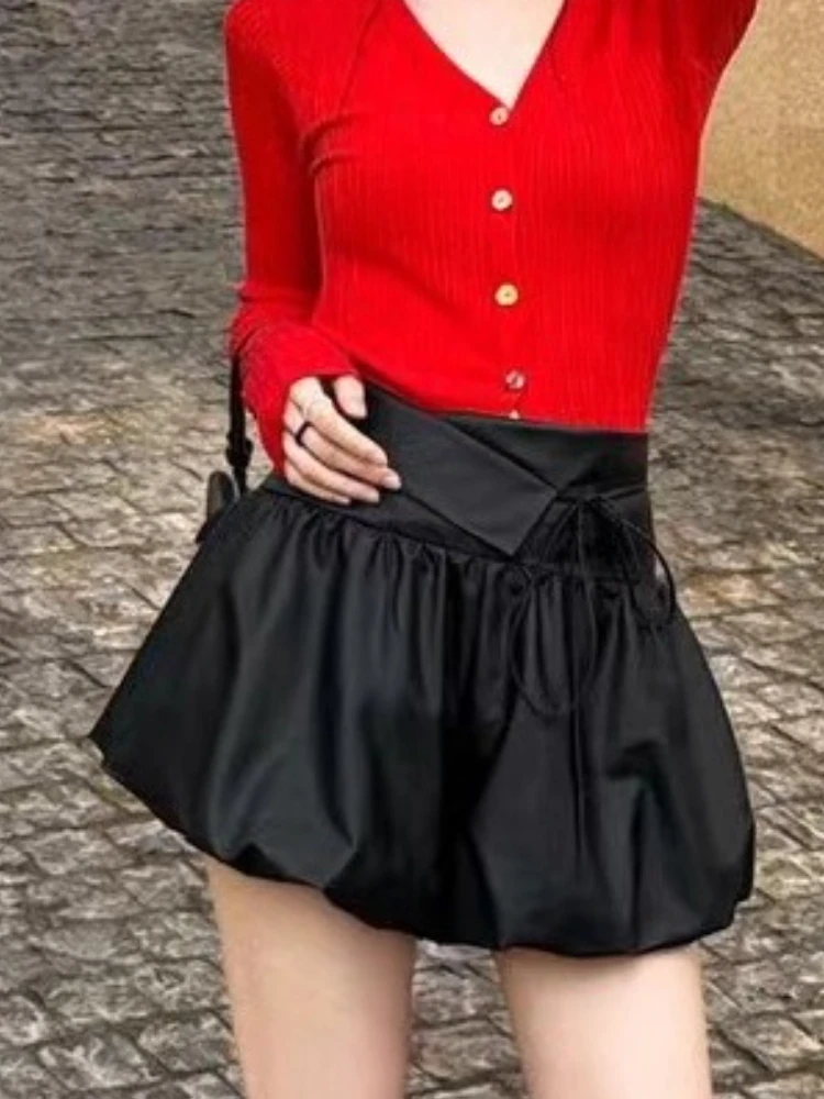 한국 스타일 스위트 보우 버블 스커트 여성 2025 가을 A라인 하이웨이스트 미니스커트 슬림 귀여운 우아한 젊은 패션 의상 트렌드