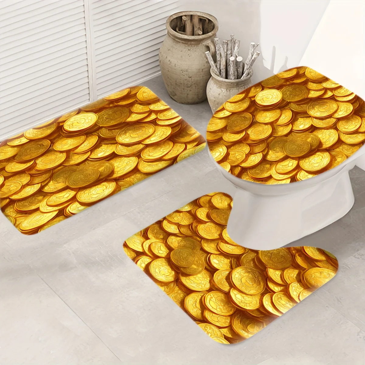 

3шт. ​ ​ Роскошный набор ковриков для ванной с принтом денег — нескользящий золотой фланелевой коврик и коврик для роскошного декора ванной комнаты и стиля процветания ​