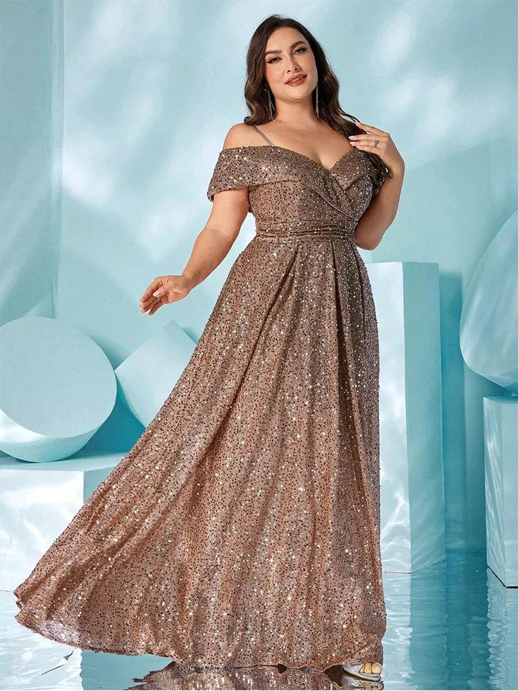 Plus Size Off Shoulder Multicolor Shiny Floor-length Wedding Evening Dress 2024 Big Size Luxury Shiny Dress