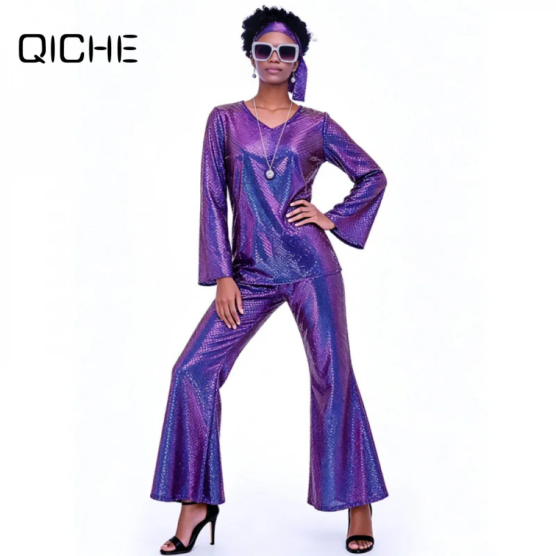 QICHE 2026 70s Vintage Disco Costume Set, Gold Sequin Flare Long Pants with Headband for Halloween Party
