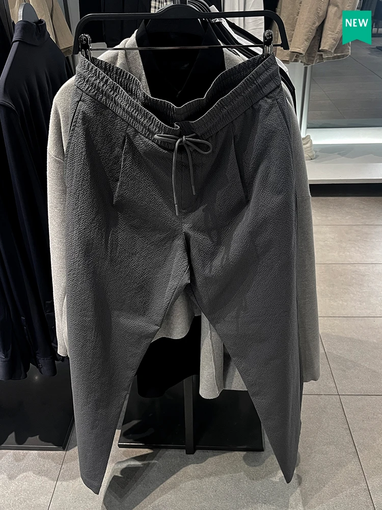 

New Summer Men's Casual Pants Elastic Waist Bubble Cloth Pleated Long Trousers Straight Leg Zipper Fly mid Waist Youth Sle