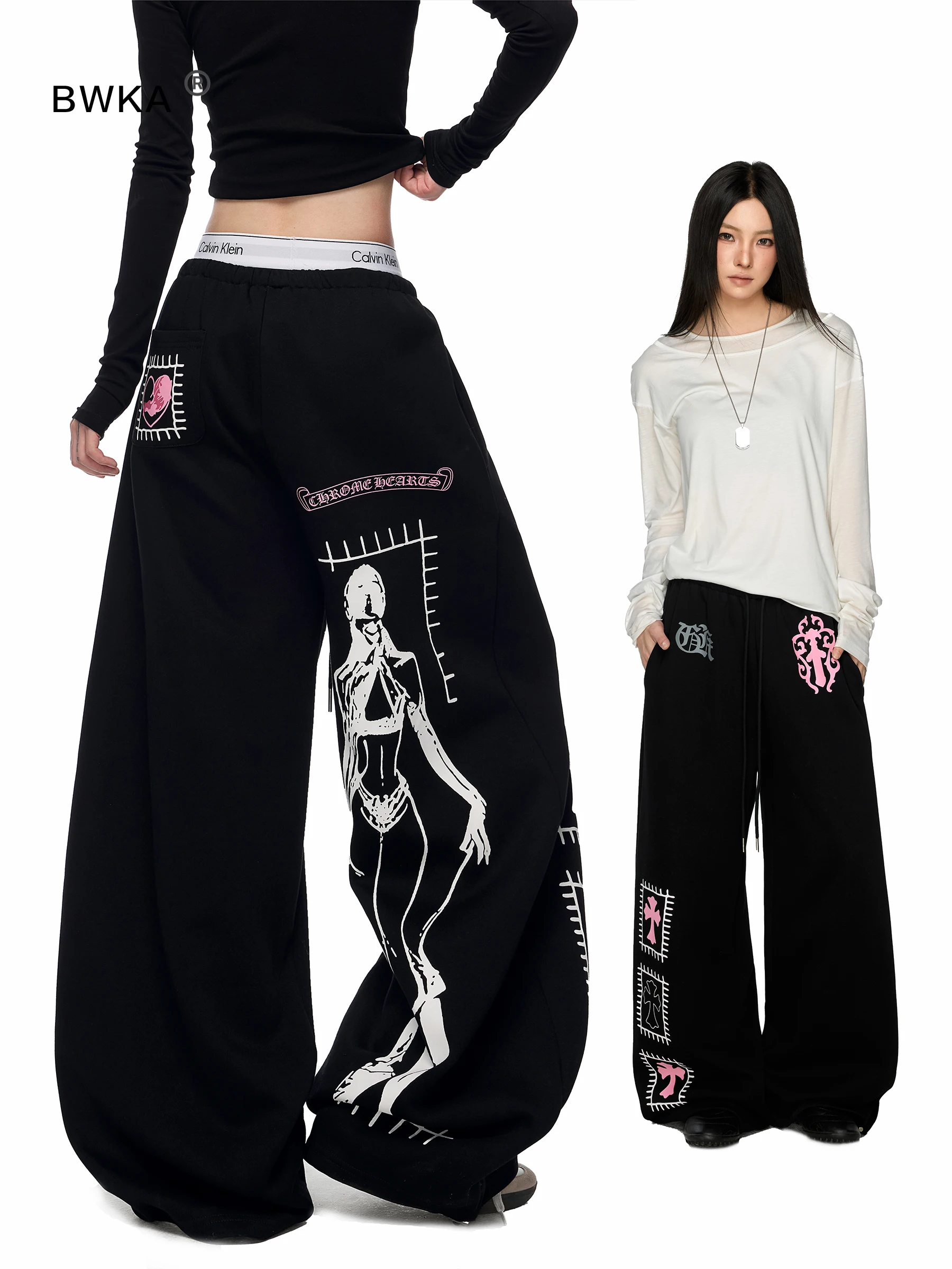 

Gothic Style Creative Print Sweatpants Unisex Spring Patchwork Loose Wide Leg Floor-Length Casual Trousers
