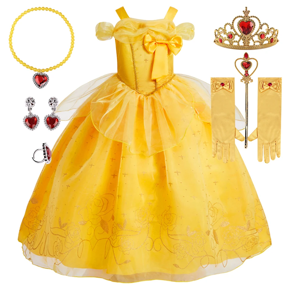 Children Princess Style Belle Halloween Carnival Birthday Party Dance Performance Ball Gown Kids Cosplay Dress with Accessories