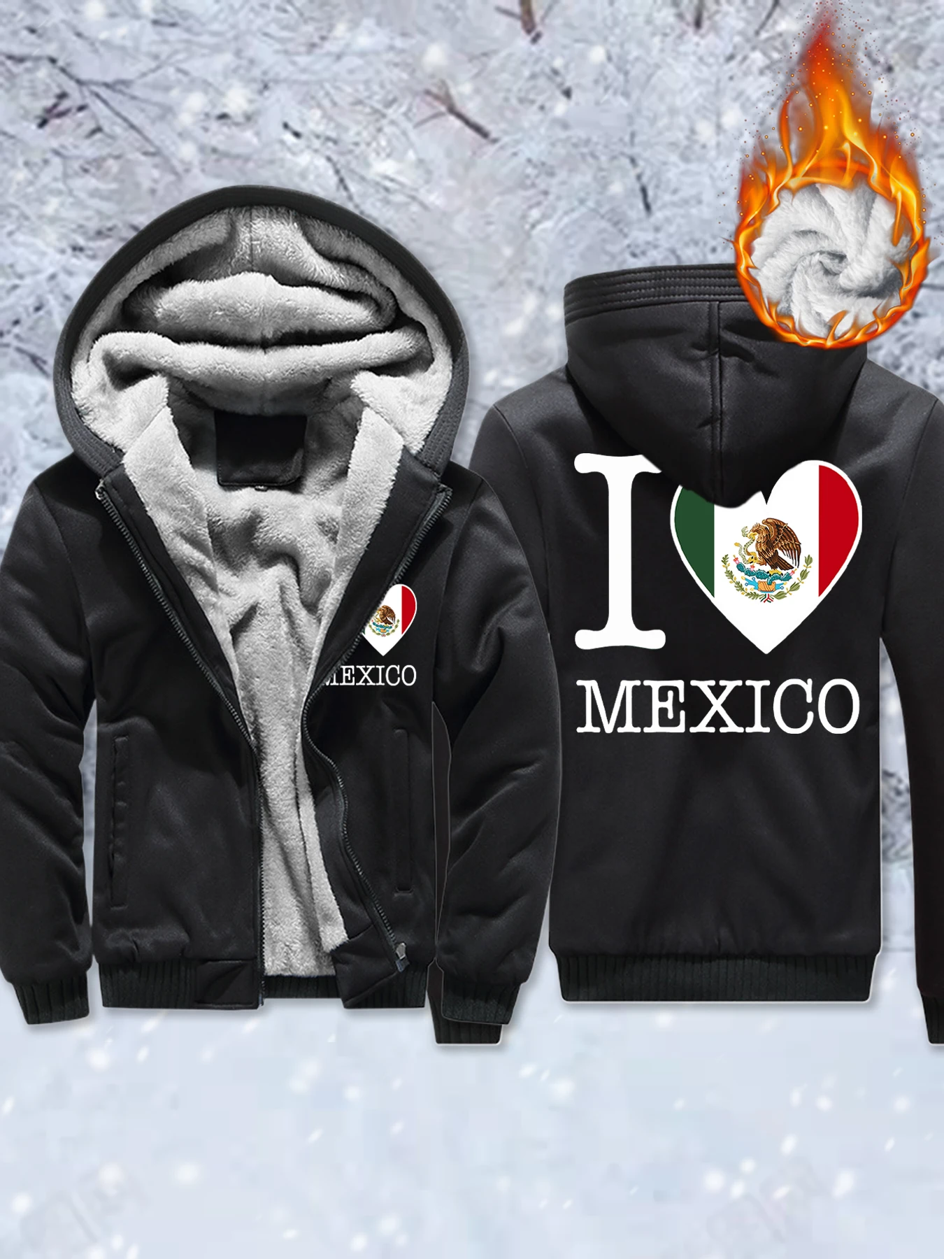 

I Love Mexico Letter Creative Printed Male Fleece Basics Jackets Comfy Soft Streetwear Winter Zip-Up Veste Thicken Warm Hoodie