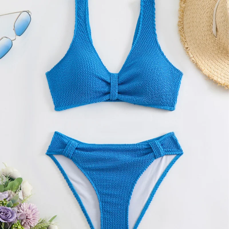 Bikini2025New Style Two-Piece Solid Color High-Waist Tummy ControlbikiniSwimsuit