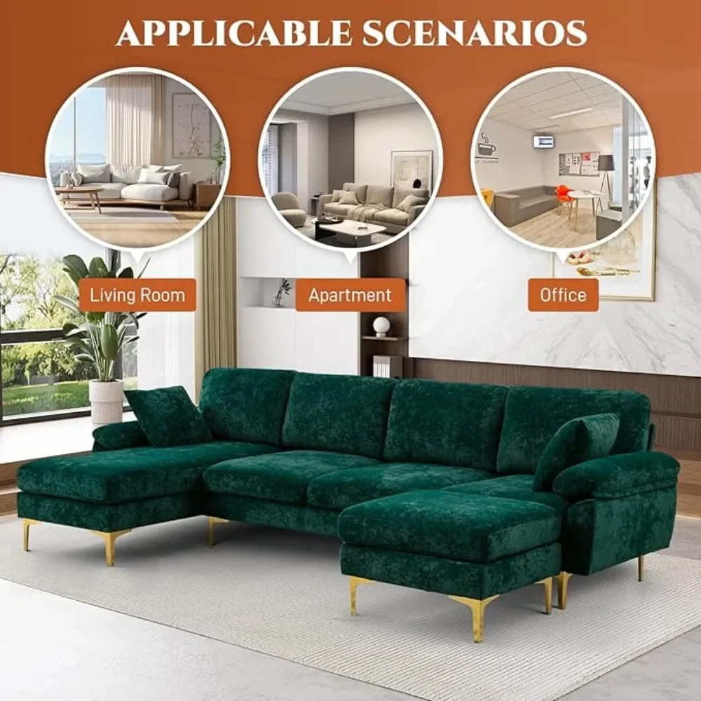 U-Shaped Sectional Sofa Couch, 4 Seat Sofa Set ,Convertible L-Shaped Velvet Couch Set with Chaise Lounge, Ottoman and Pillows image 5