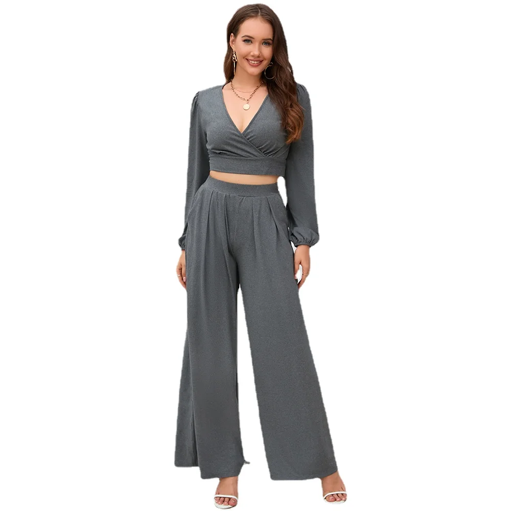 

2023 Autumn and Winter New Women's V-neck Long-sleeved Short Top Straight-leg Trousers Two-piece Set