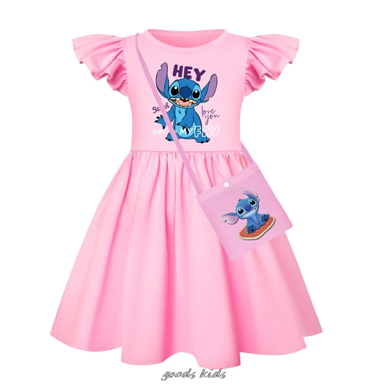 Vestidos de dibujos animados de Lilo y Stitch para niñas, ropa para niños, disfraz de Cosplay, vestido informal con manga de mosca, bolsa pequeña